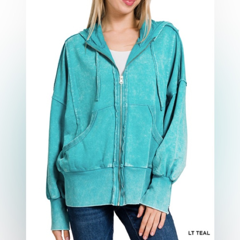 #69 🌸CLOSEOUT FIRM New! Oversized Acid Washed Zip up Sweatshirt Top with Hood - Picture 2 of 2